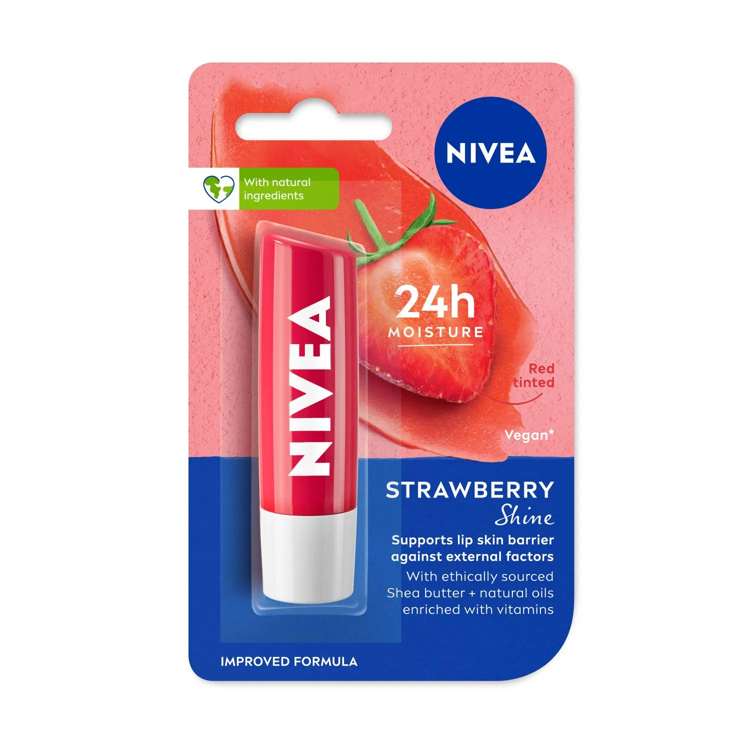 NIVEA Strawberry Shine Lip Balm 24-hour hydration natural oils shea butter subtle pink shine moisturizing lip care