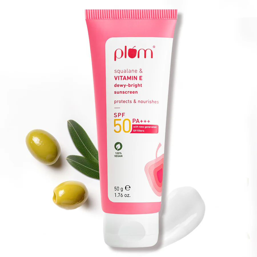 Plum Squalane Vitamin E sunscreen SPF 50 PA+++ dewy finish hydrating sunscreen broad-spectrum protection vegan sunscreen