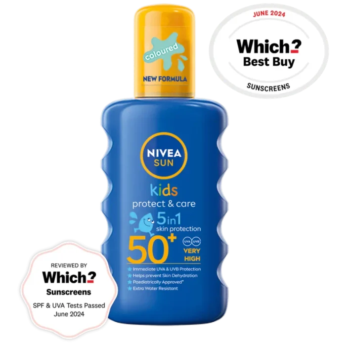 NIVEA Sun Kids Protect & Care SPF 50+ coloured spray children's sunscreen UVA UVB protection water-resistant moisturizing sunblock