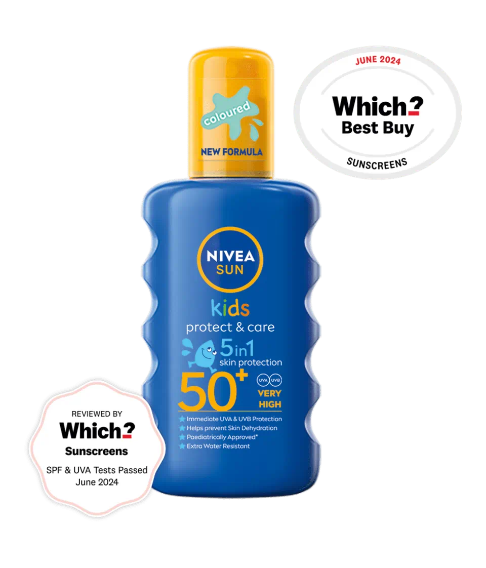 NIVEA Sun Kids Protect & Care SPF 50+ coloured spray children's sunscreen UVA UVB protection water-resistant moisturizing sunblock