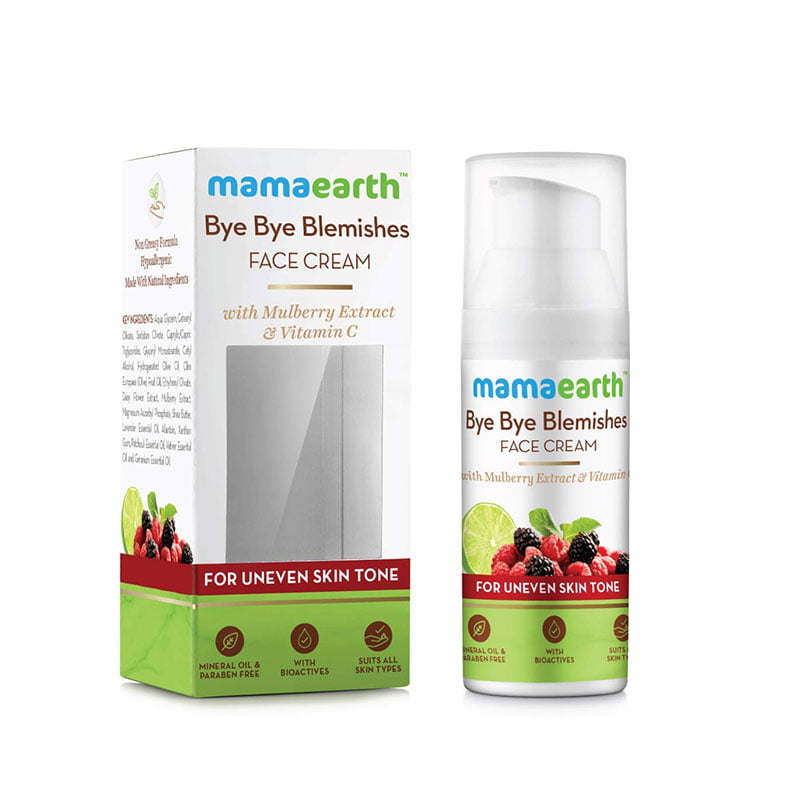 Mamaearth Bye Bye Blemishes Face Cream pigmentation reduction blemish removal Mulberry Extract Vitamin C even skin tone