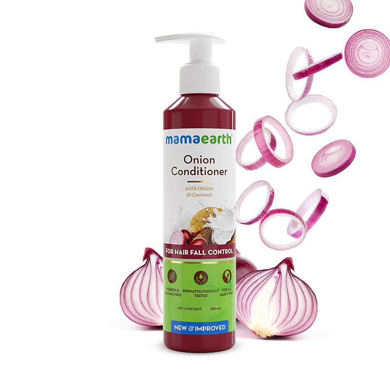 Mamaearth Onion Conditioner hair fall control hair growth onion seed oil coconut oil sweet almond oil sulfate-free silicone-free paraben-free mineral oil-free