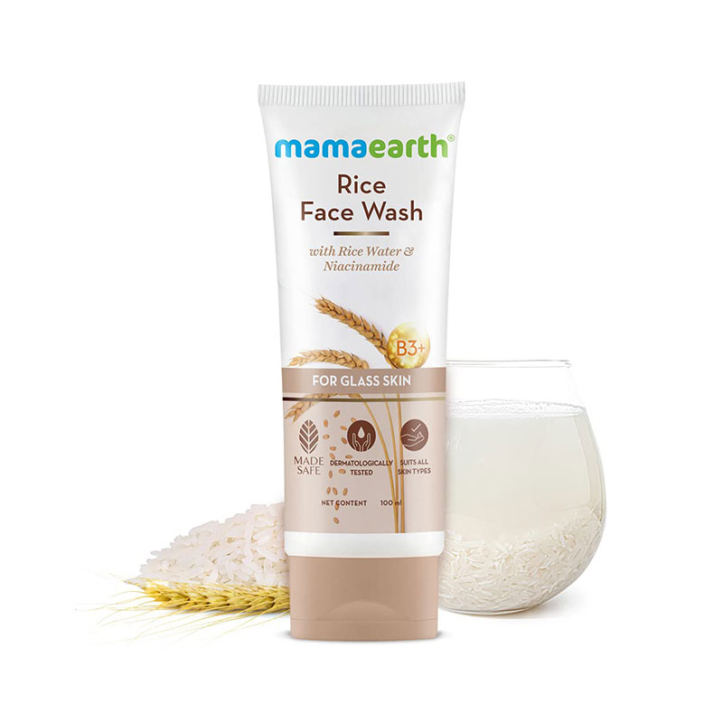Mamaearth Rice Face Wash brightening face wash rice water niacinamide dark spot reduction even skin tone gentle cleanser Made Safe certified