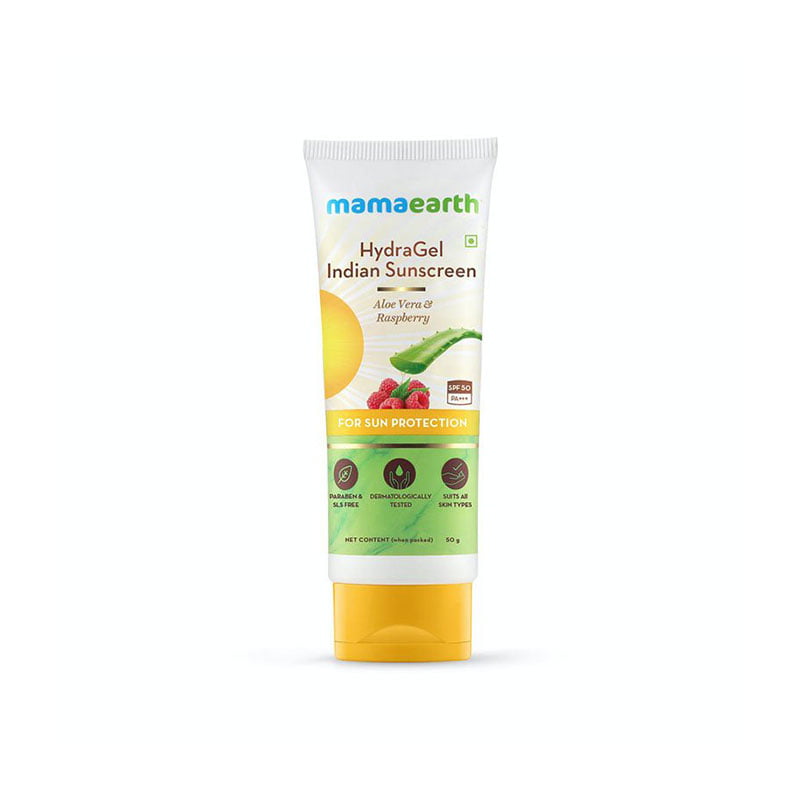 Mamaearth HydraGel Indian Sunscreen SPF 50 PA++++ aloe vera raspberry seed oil lightweight sunscreen hydrating sun protection