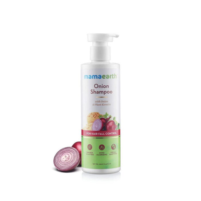 Mamaearth Onion Shampoo hair fall control hair growth onion oil plant keratin D-Panthenol sulfate-free paraben-free silicone-free mineral oil-free