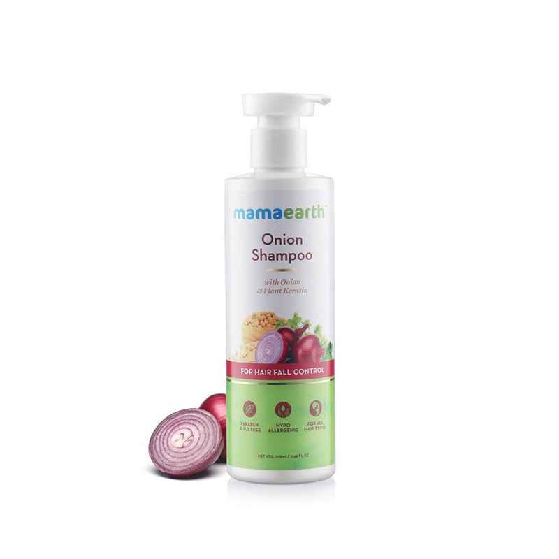 Mamaearth Onion Shampoo hair fall control hair growth onion oil plant keratin D-Panthenol sulfate-free paraben-free silicone-free mineral oil-free