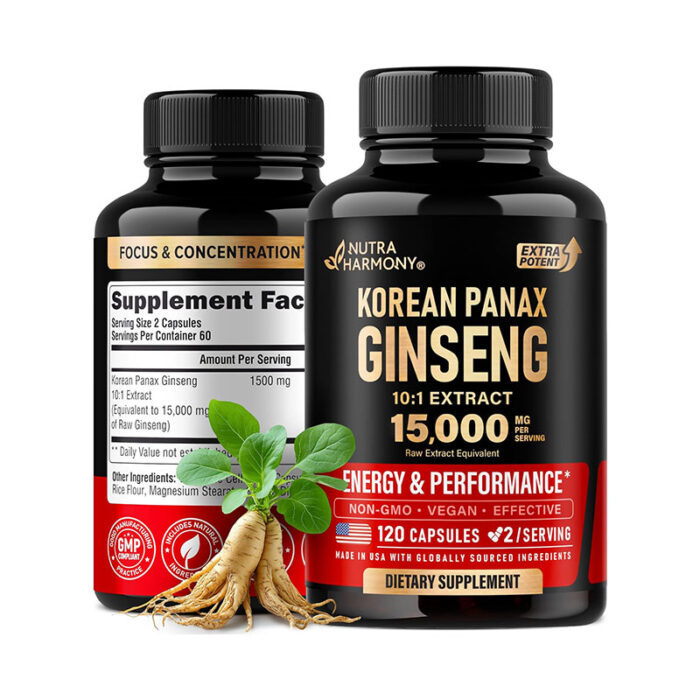 Korean Panax Ginseng energy supplement focus enhancer ginseng extract mental clarity vitality support herbal supplement adaptogen Panax ginseng capsules