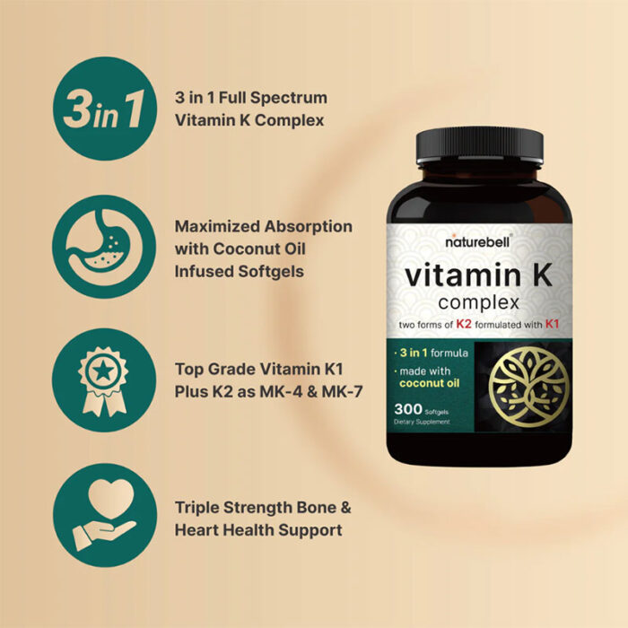 vitamin k complex k1 k2 supplement mk4 mk7 softgels heart and bone support naturebell vitamin k non gmo vitamins coconut oil softgels high potency vitamin k vitamin k absorption immune health supplement