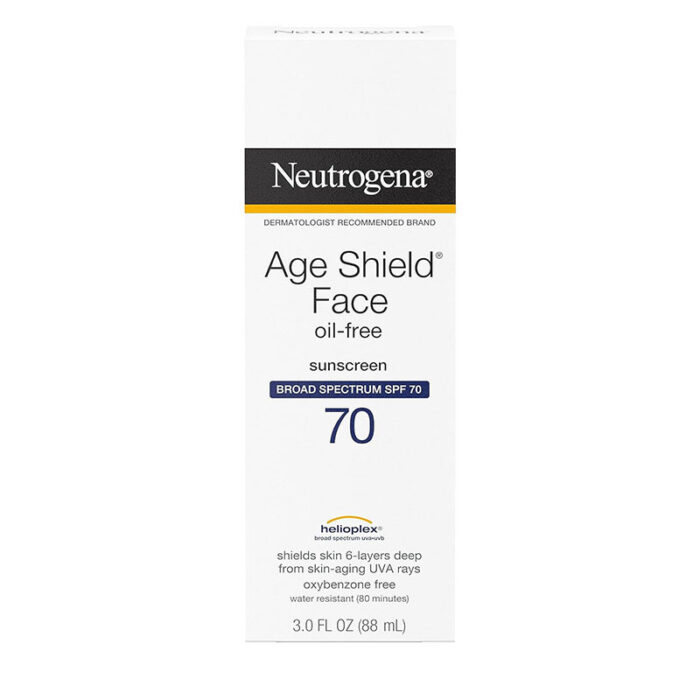Neutrogena Age Shield sunscreen SPF 70 oil-free broad-spectrum Helioplex UVA/UVB protection anti-aging sunscreen