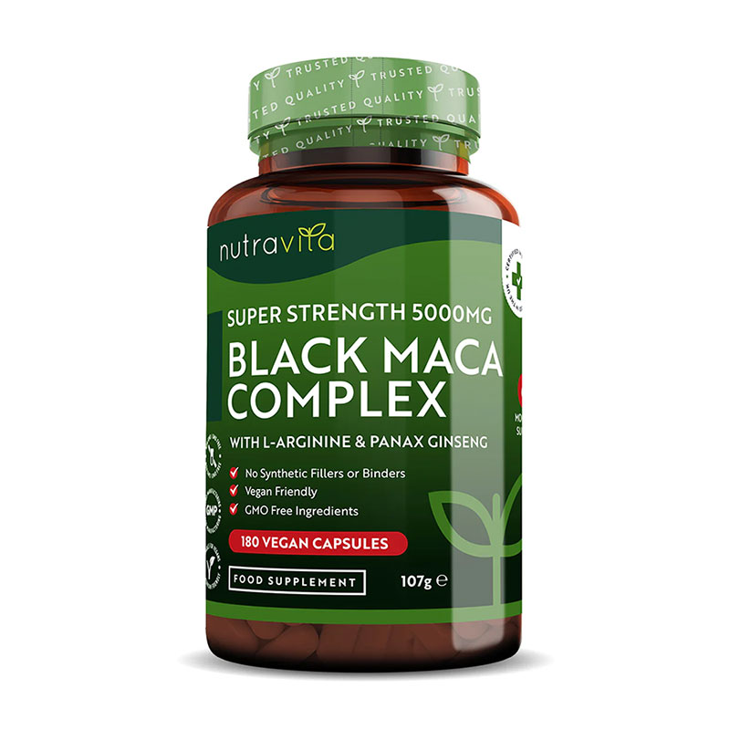 Black Maca supplement energy booster hormonal support Panax Ginseng L-Arginine vegan capsules vitality supplement