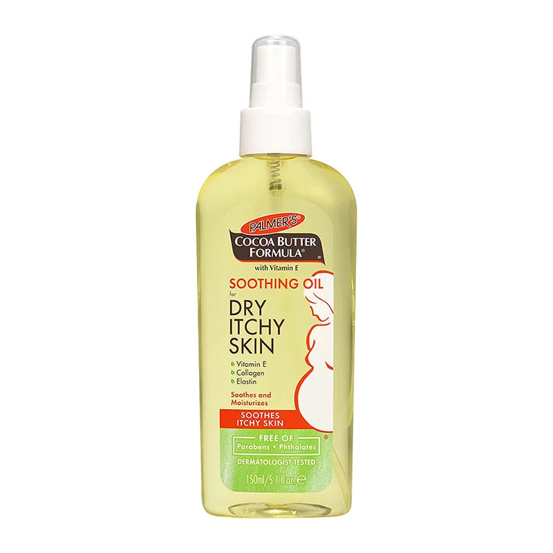 palmers cocoa butter soothing oil dry itchy skin vitamin e collagen elastin lecithin pregnancy safe body oil