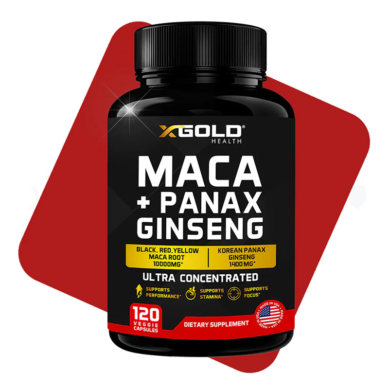 X Gold Health Maca+ Ginseng Maca Root and Panax Ginseng supplement Energy and stamina booster Adaptogenic herbal supplement Vegan energy capsules