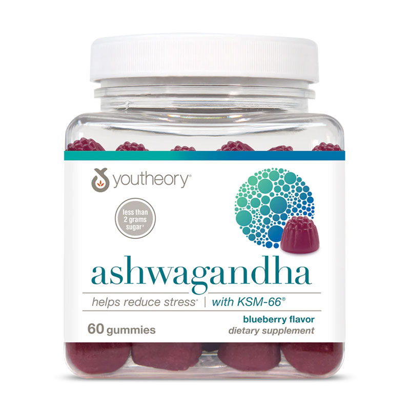 Youtheory Ashwagandha Gummies stress support KSM-66 ashwagandha supplement blueberry gummies adaptogen