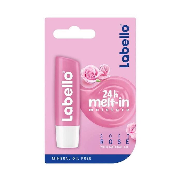 Labello Soft Rose Lip Balm 5.5ml rose extract natural oils 24-hour hydration subtle rose tint mineral oil-free